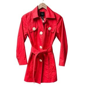Smythe Belted Long Sleeve Collared Trenchcoat Trench Jacket Red White Button 6